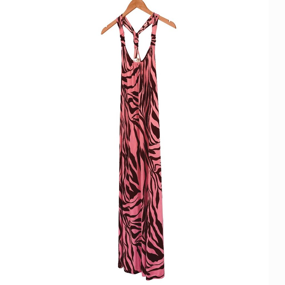 Flora Kung NWT $540 Silk Jersey Pink Brown Boho Maxi Halter Dress 8 - Picture 4 of 4